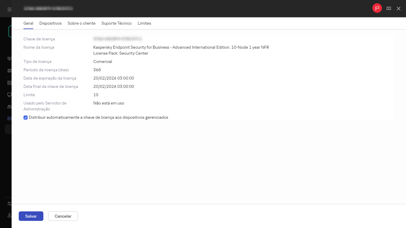 A janela de propriedades da chave de licença.
