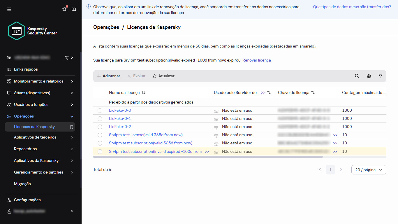 Lista de licenças da Kaspersky.