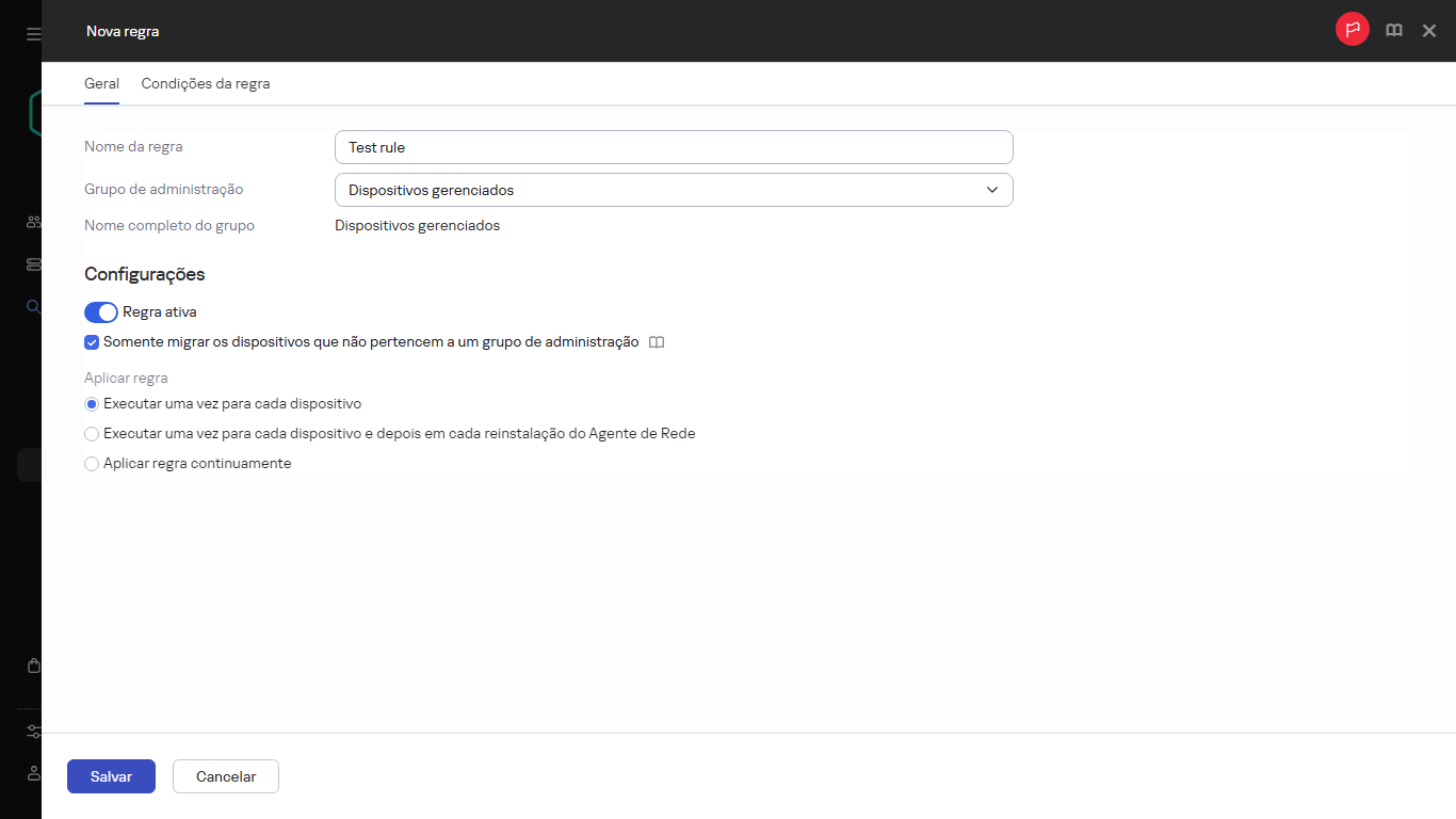 A nova janela de criação de regras.