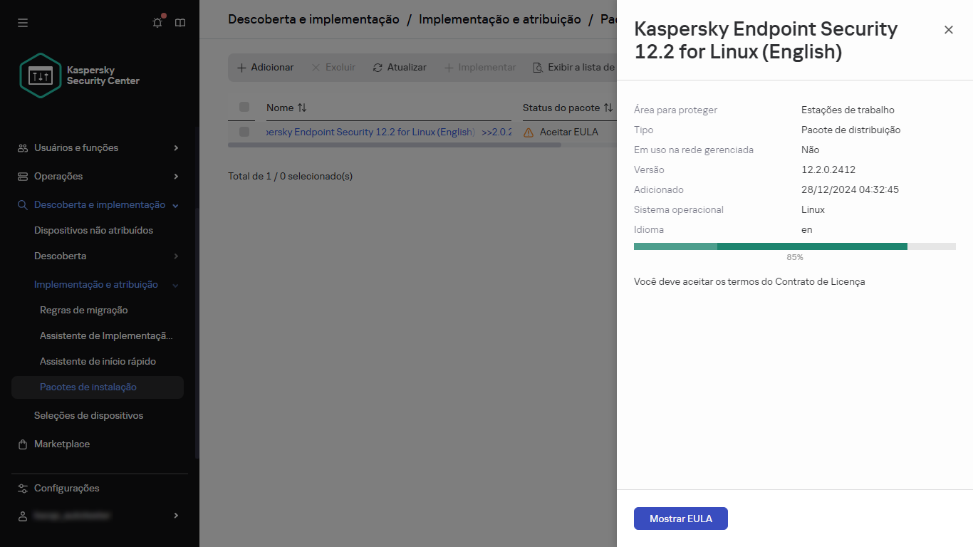 A janela de download do pacote de instalação na etapa de aceitação do EULA.