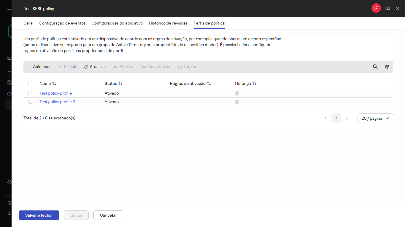 A lista de perfis de política.