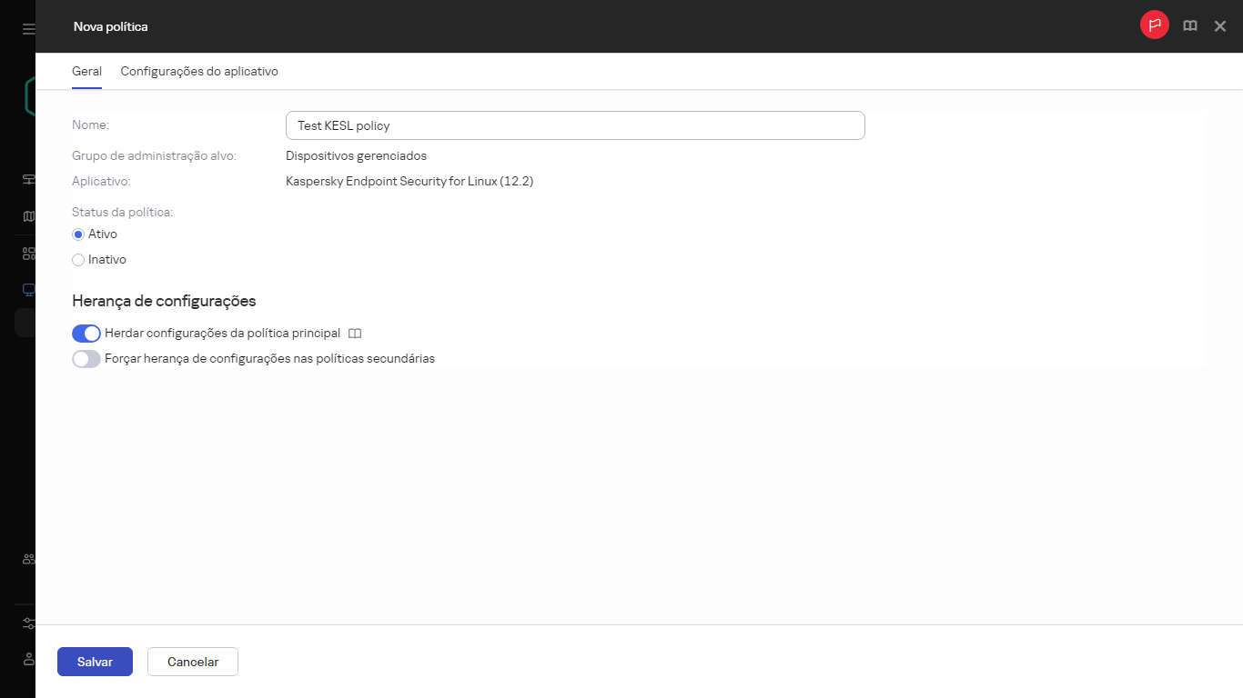 A guia Geral da janela de criação de uma política.