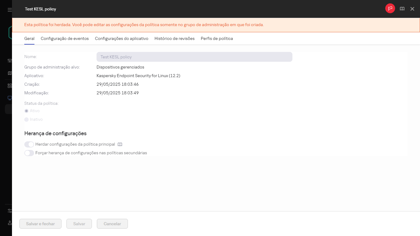 Uma política herdada que não pode ser editada.