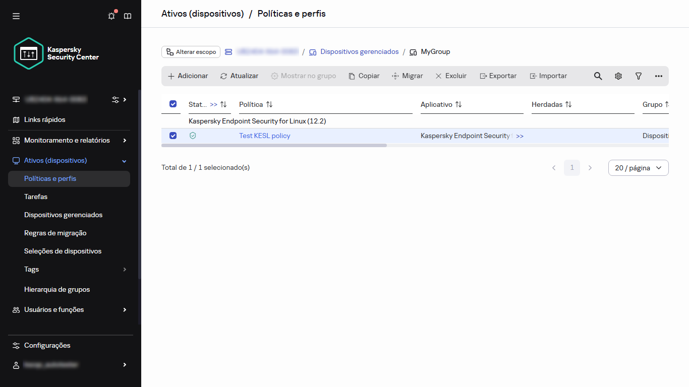 Políticas e perfis: uma política com uma caixa de seleção marcada.