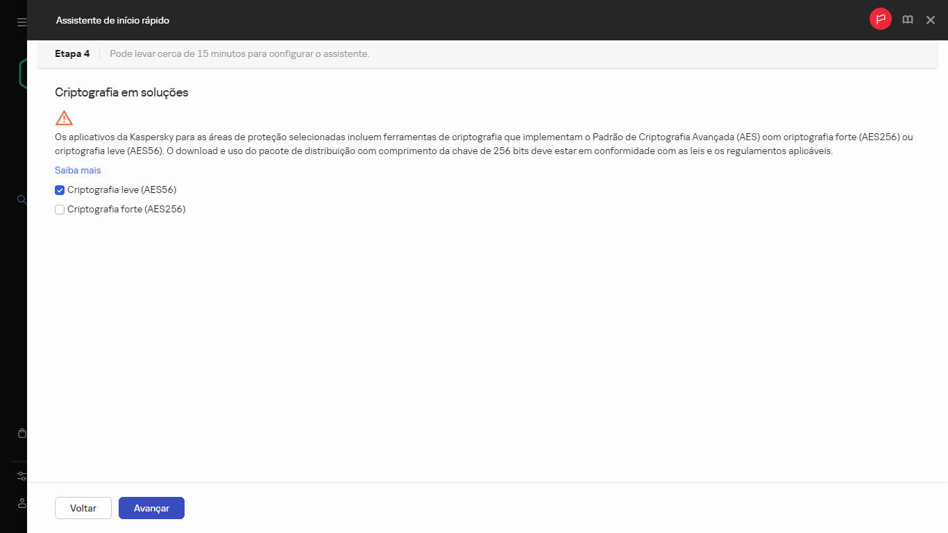 A etapa Criptografia em soluções do Assistente de início rápido.