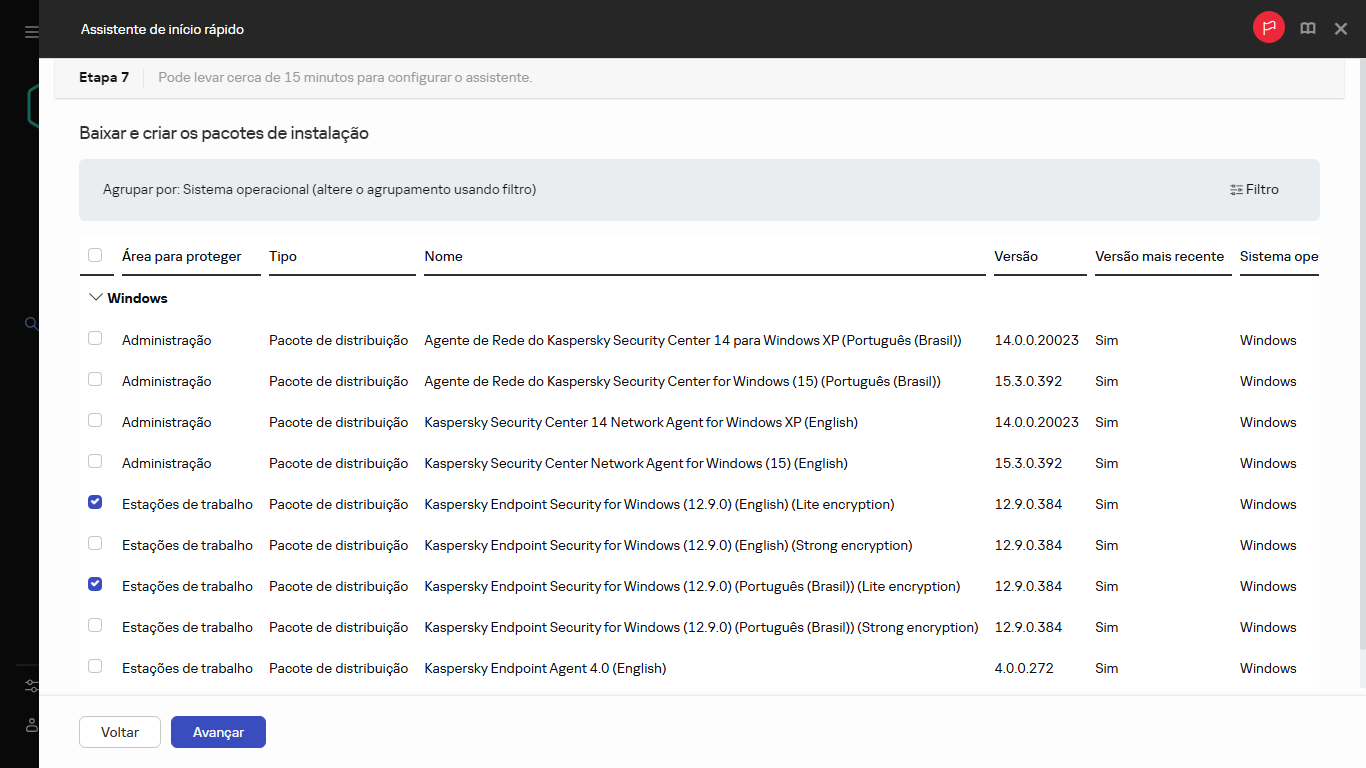 A etapa Criação de pacotes de instalação do Assistente de início rápido.