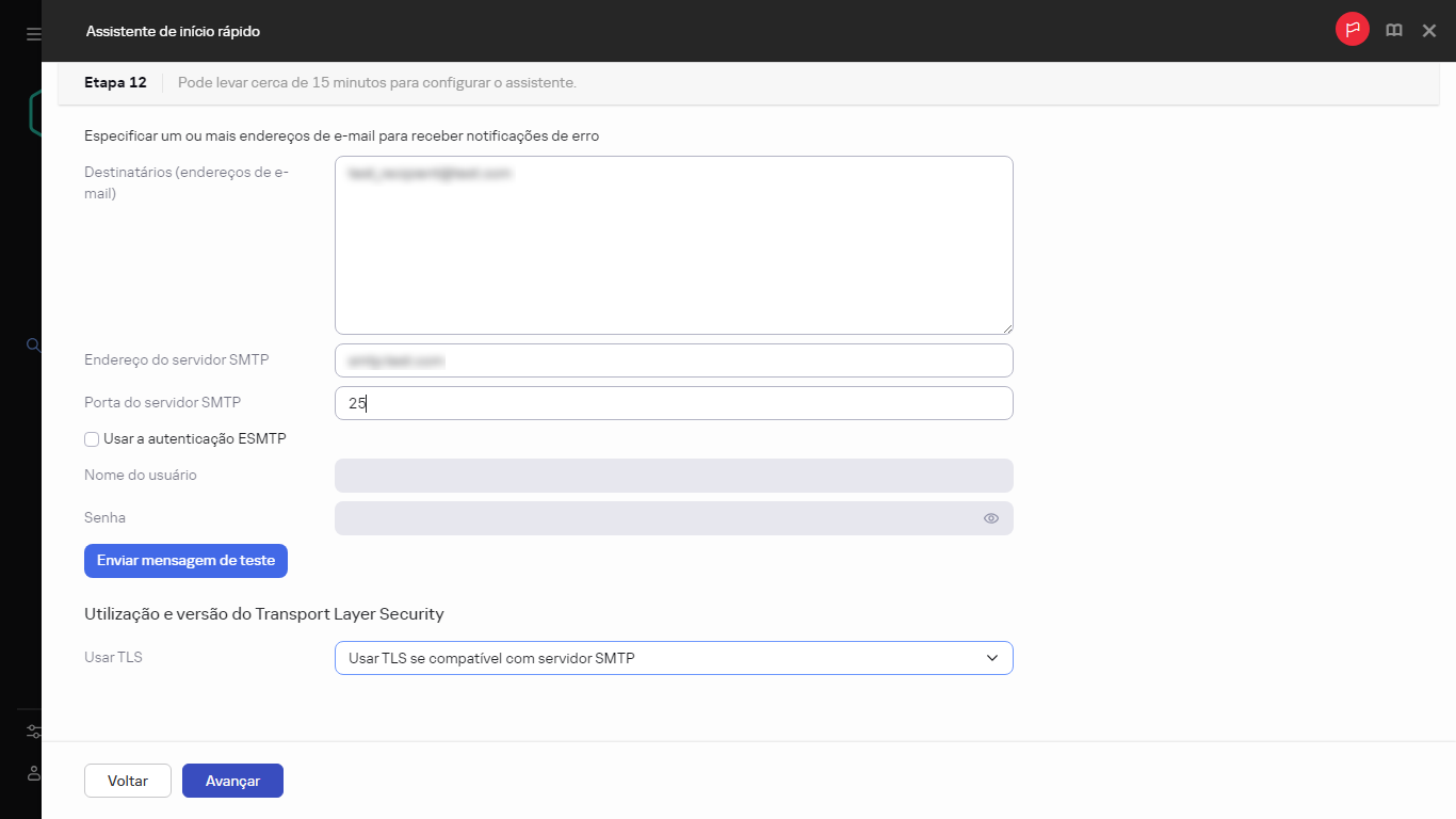 A etapa de notificações por e-mail do Assistente de início rápido.