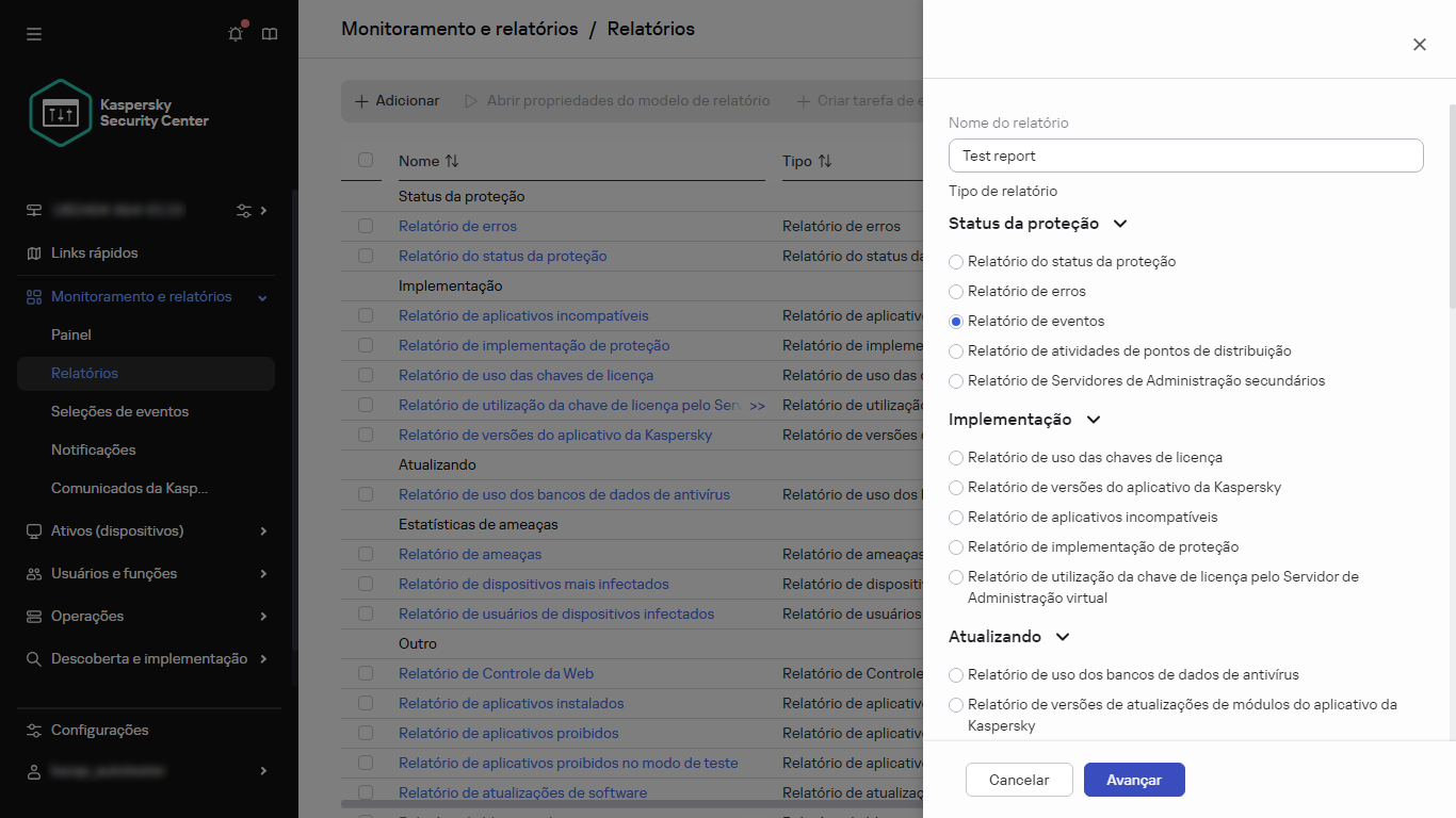 Especificação do nome e do tipo de um novo relatório.