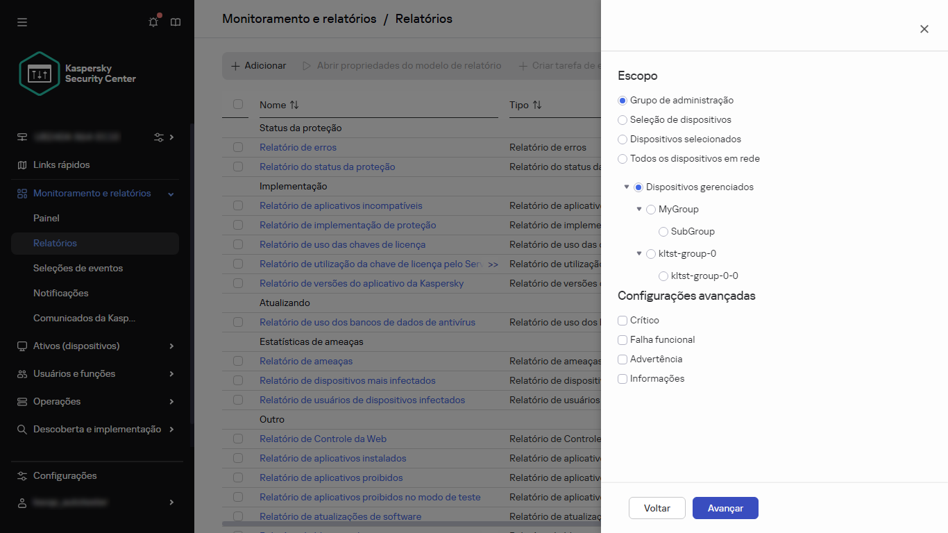 Especificação do escopo do dispositivo e das configurações avançadas de um novo relatório.