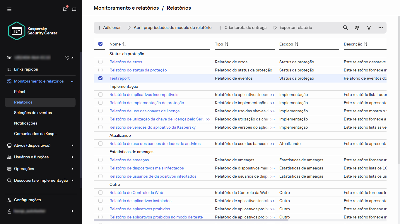 A lista de relatórios com o relatório selecionado.