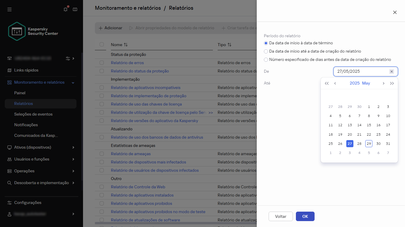 Especificação do período de relatório de um novo relatório.