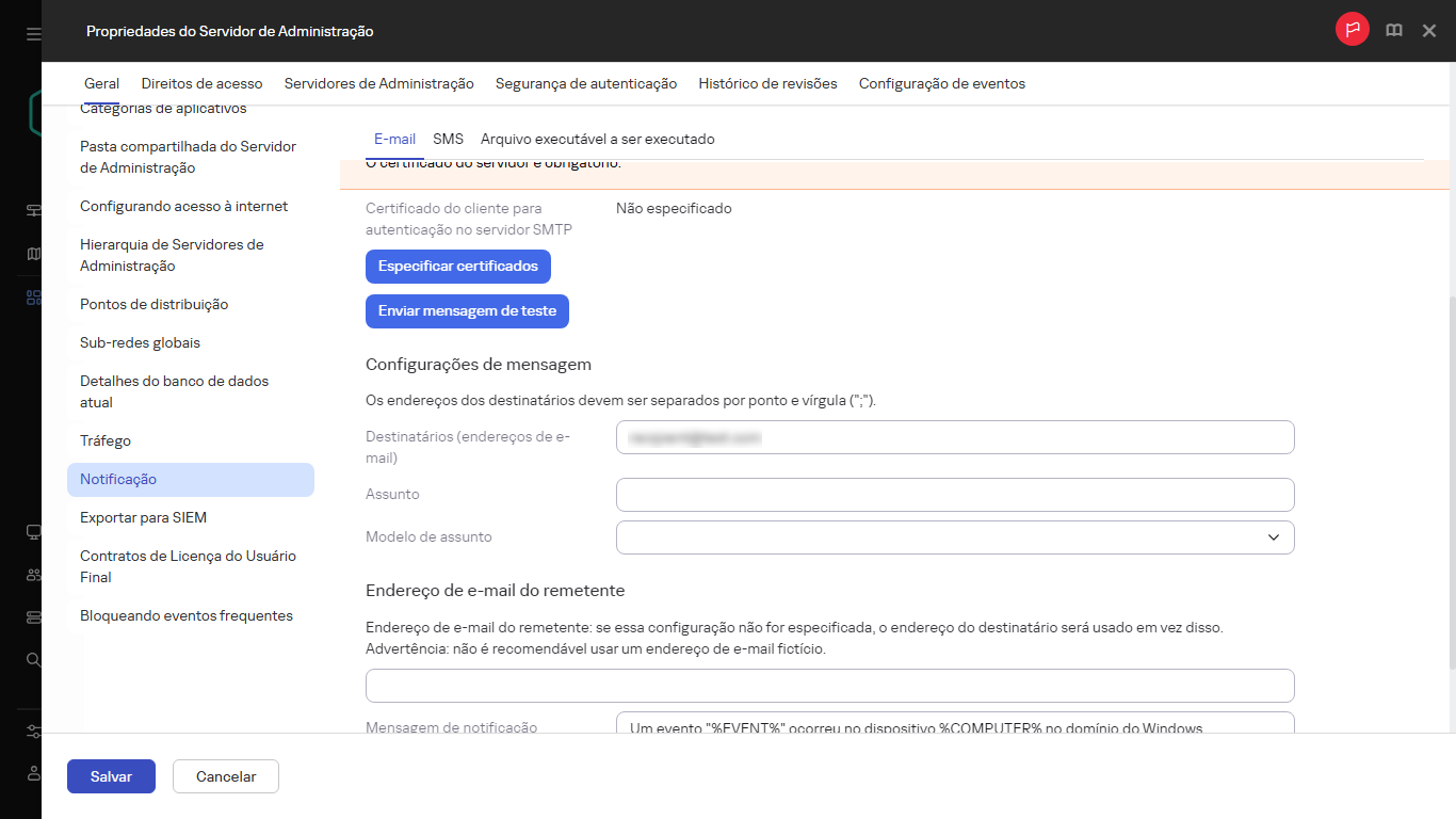 Notificação na guia Geral das propriedades do servidor de administração.