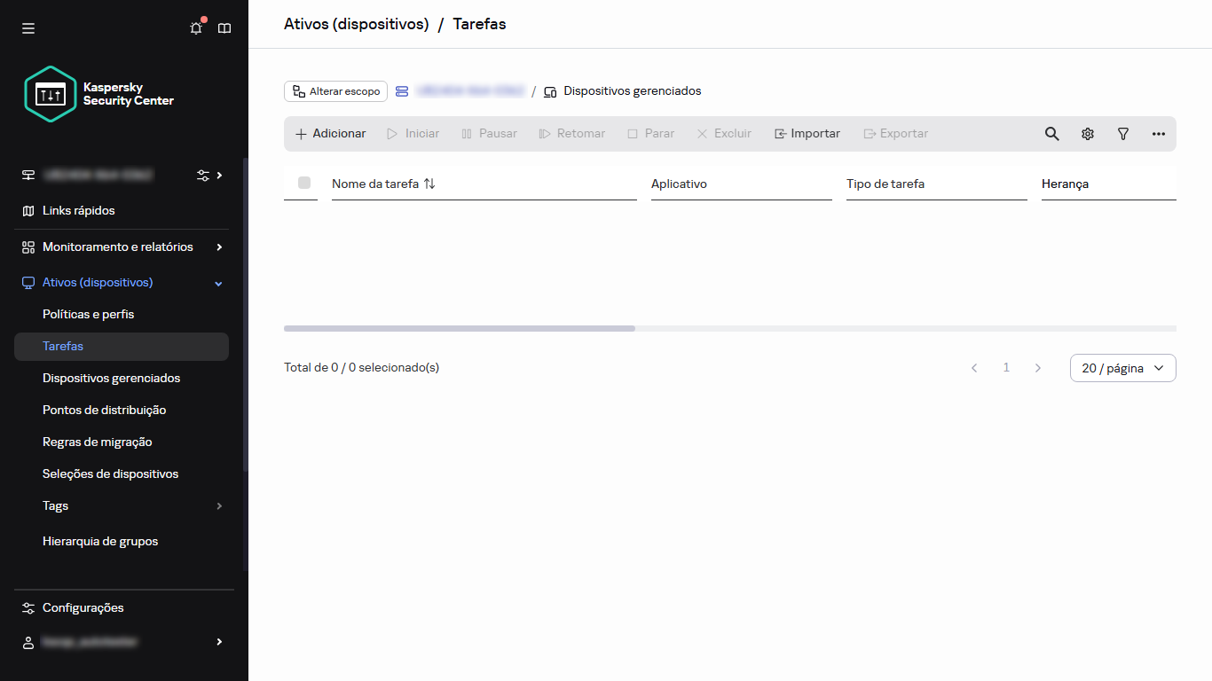 A seção Tarefas do menu.