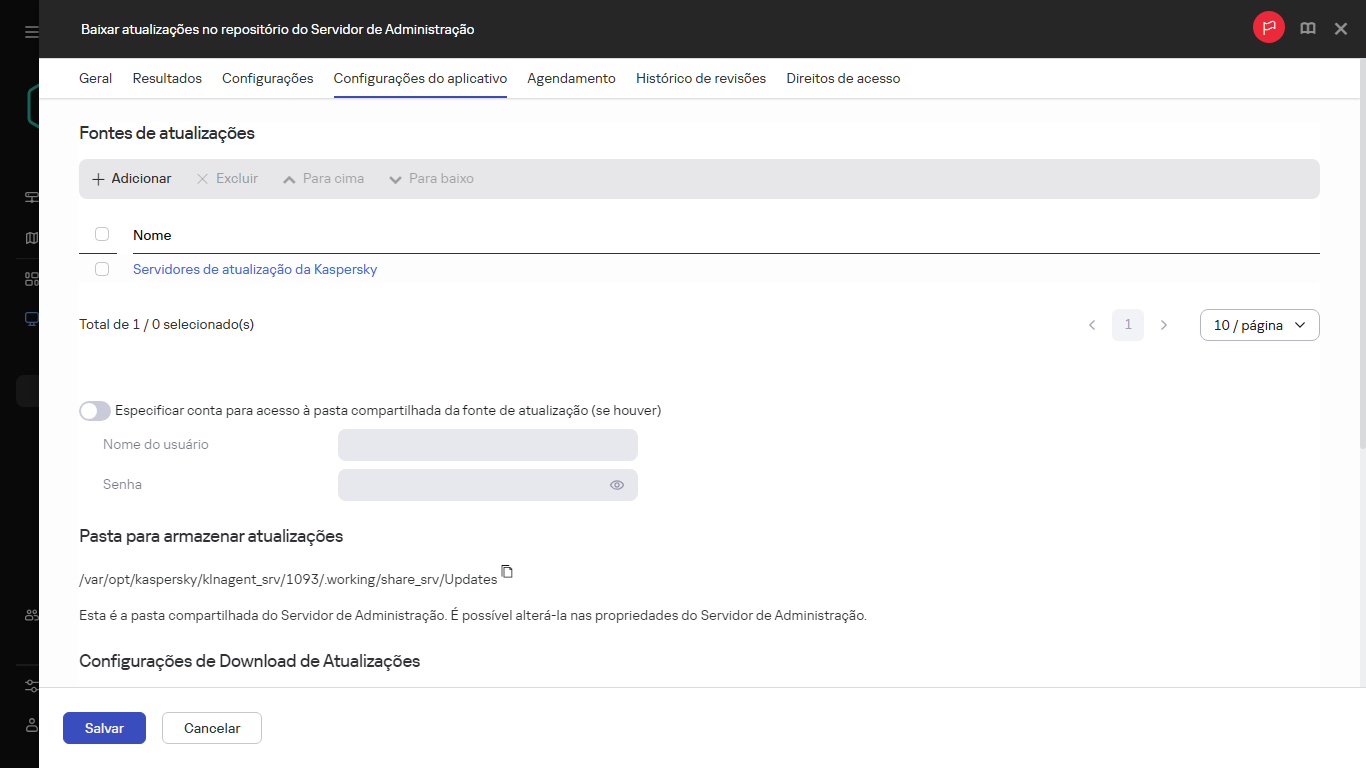 Guia Configurações do aplicativo da janela da tarefa Baixar atualizações para os repositórios dos pontos de distribuição.