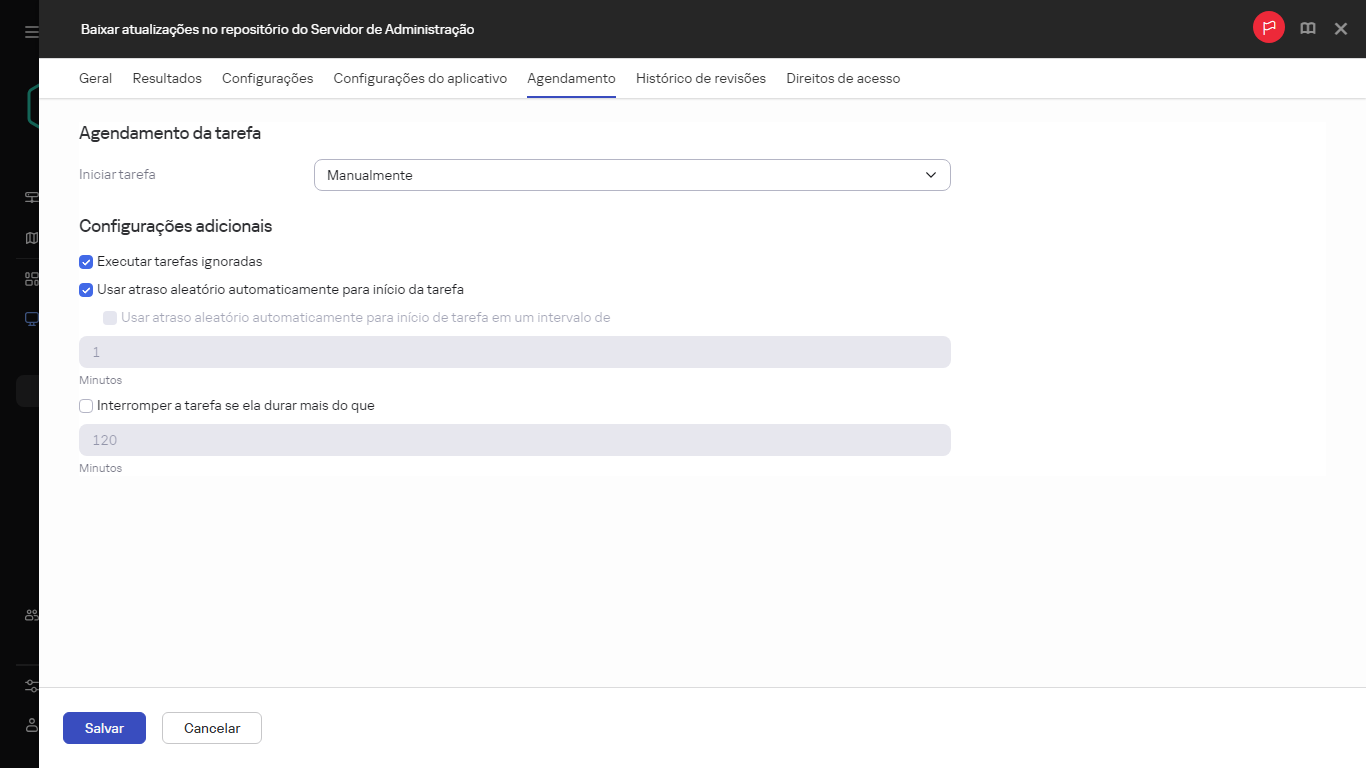 As configurações de programação da tarefa Baixar atualizações para os repositórios dos pontos de distribuição.