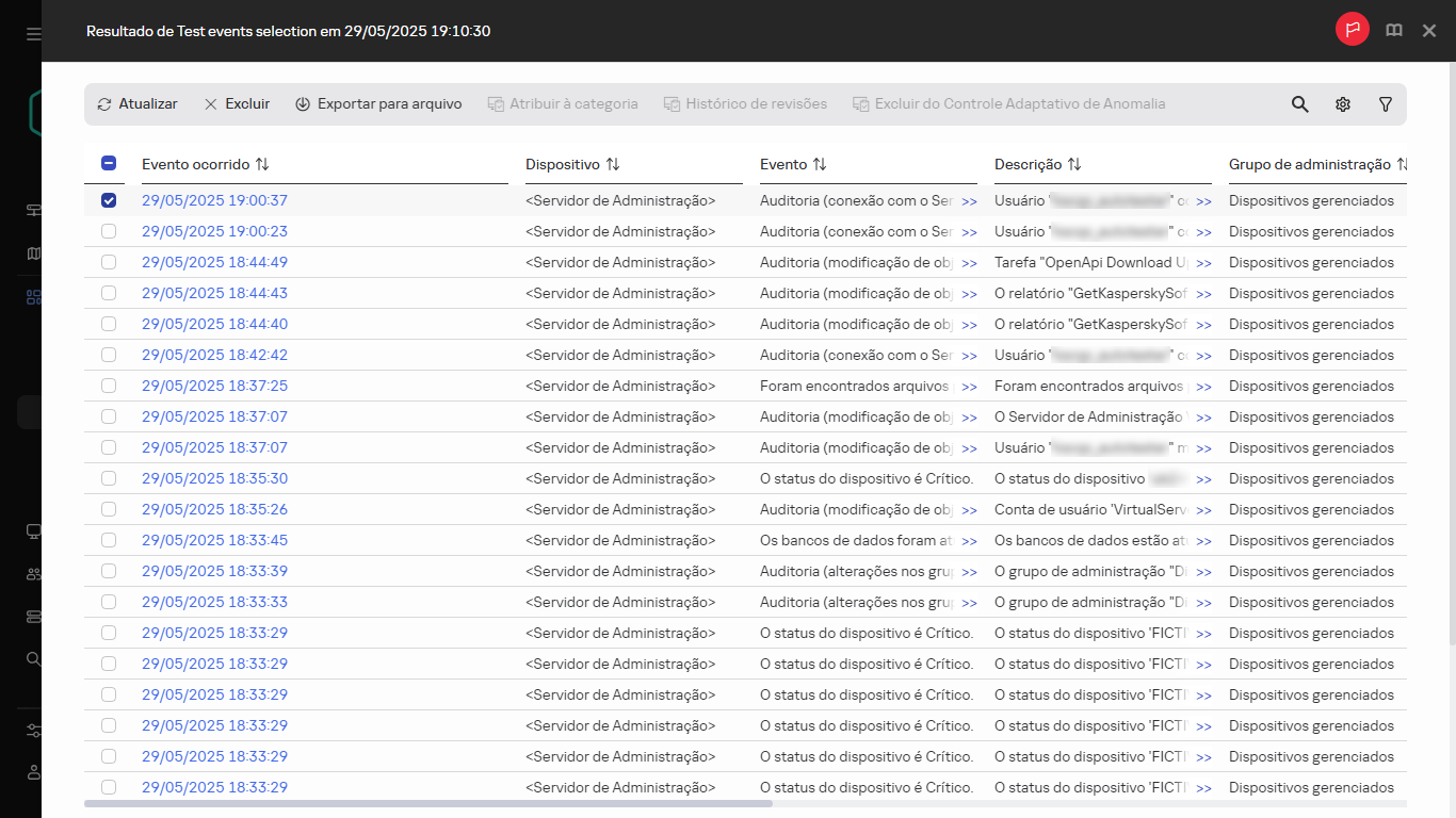 O resultado da seleção de eventos com o evento selecionado.