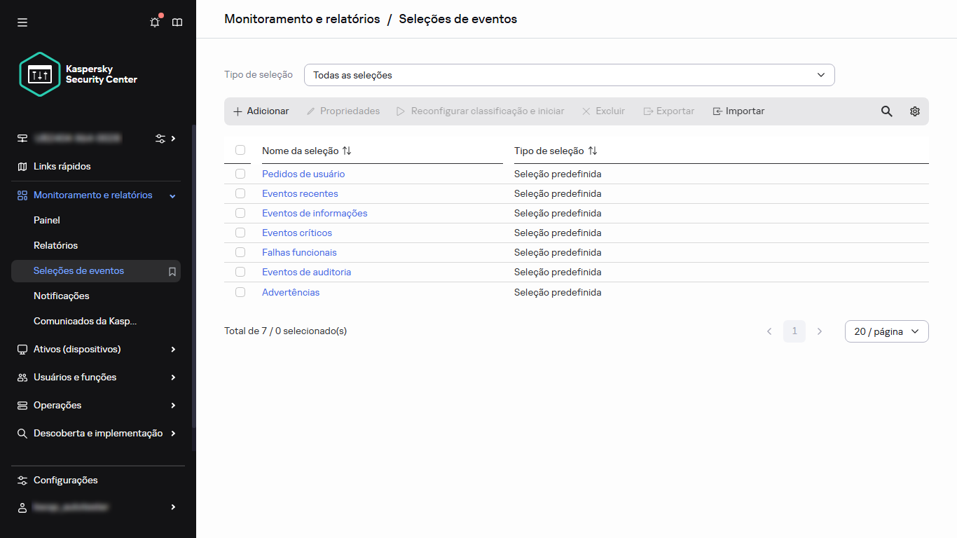 A lista de seleção de eventos.