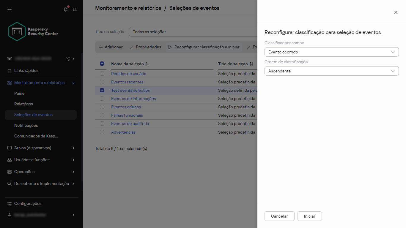 Classificação da seleção de eventos.