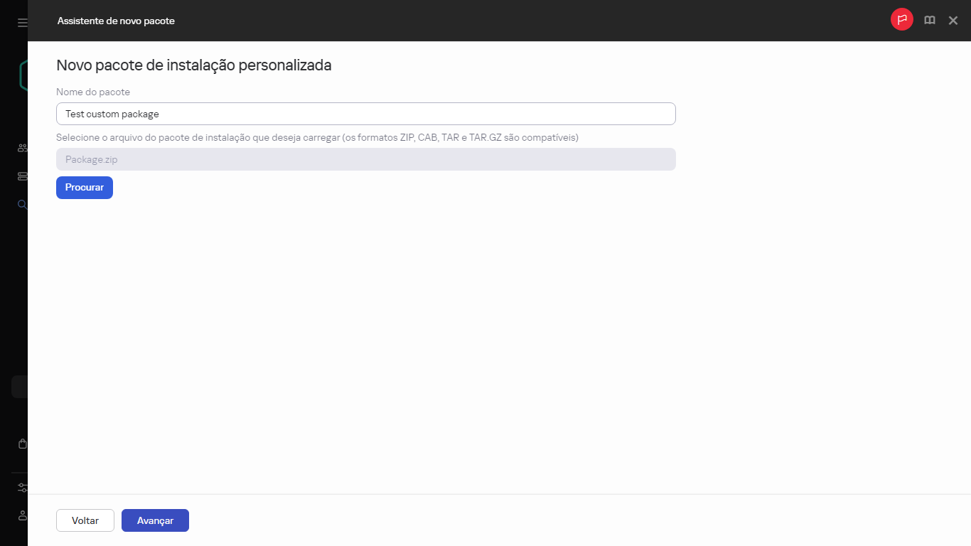 Configurações de um novo pacote de instalação personalizado.