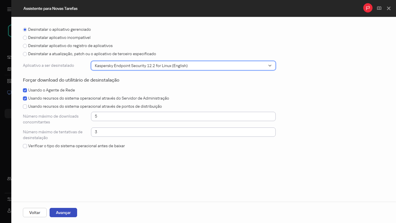 Configurações da tarefa Desinstalar aplicativo remotamente.