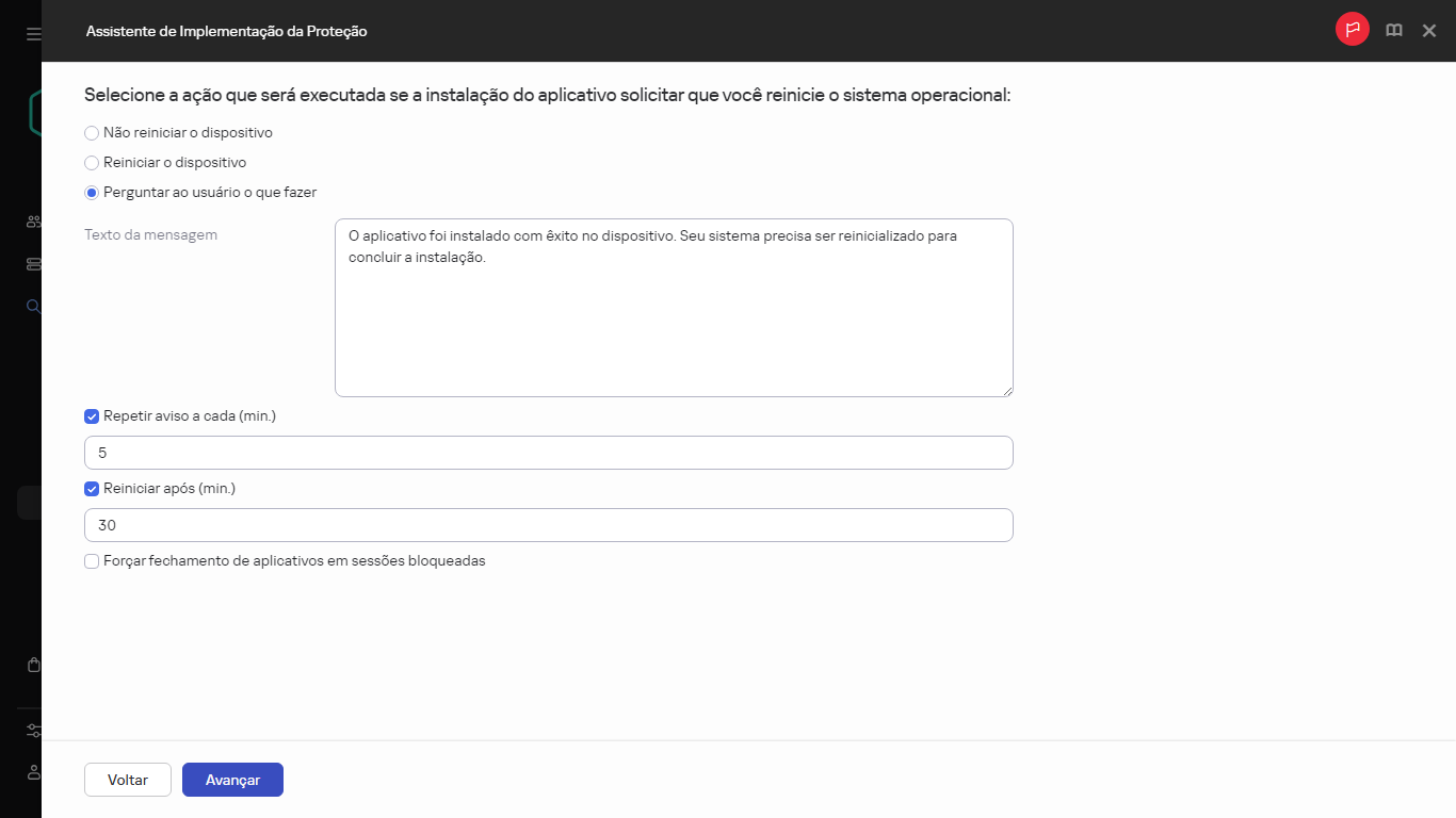 Seleção da ação a ser executada se o sistema for reiniciado.