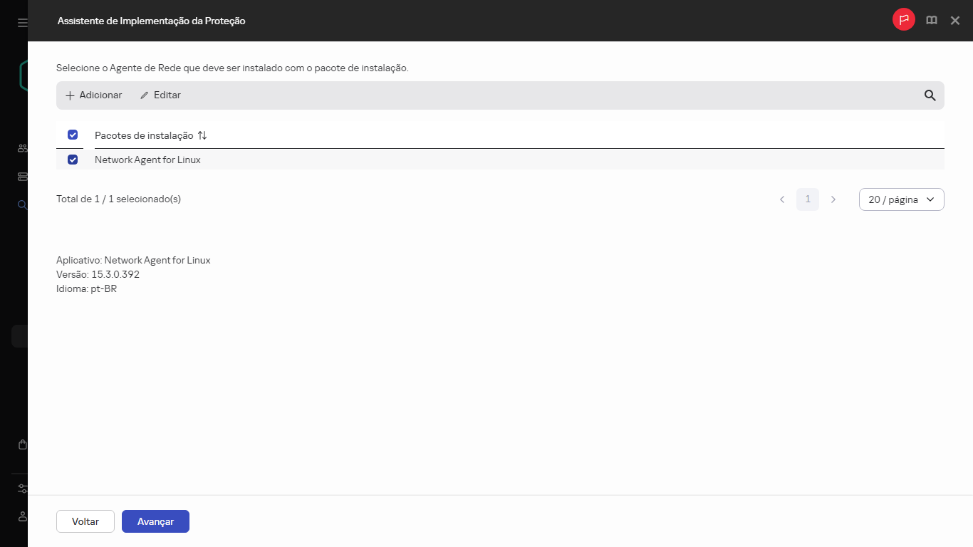 Seleção do Agente de Rede que será instalado com o pacote de instalação.
