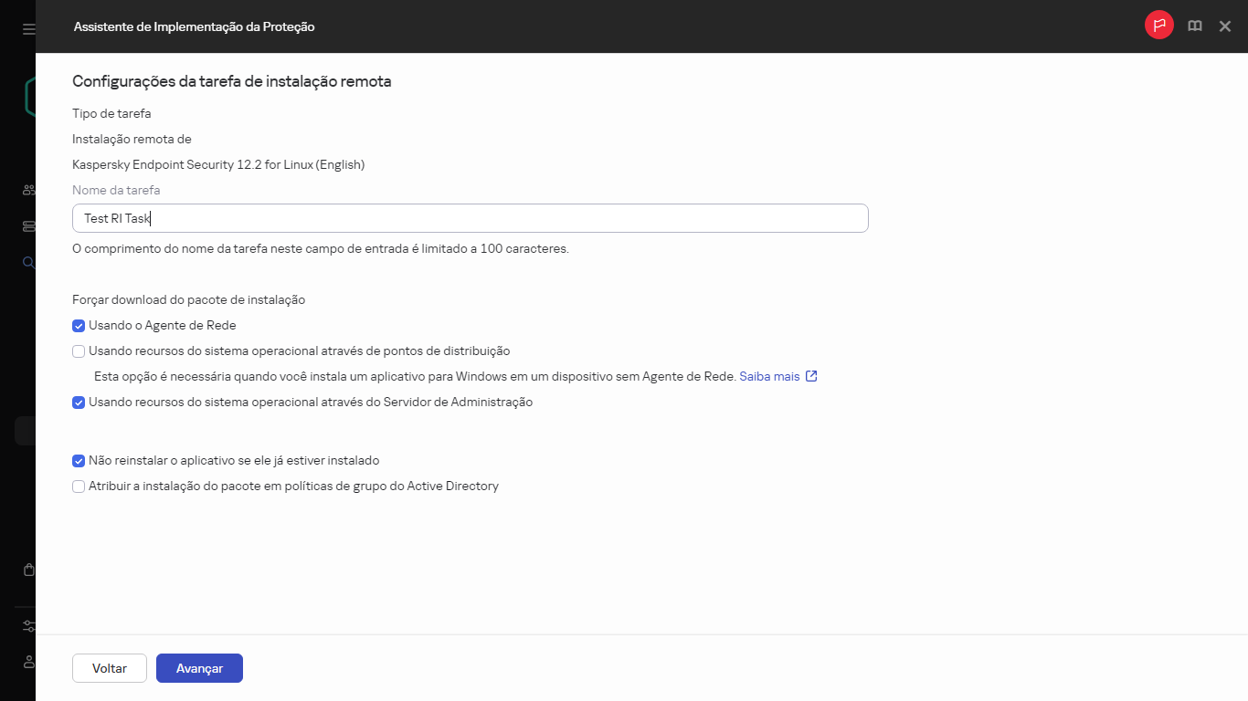 Configurações da tarefa de instalação remota.