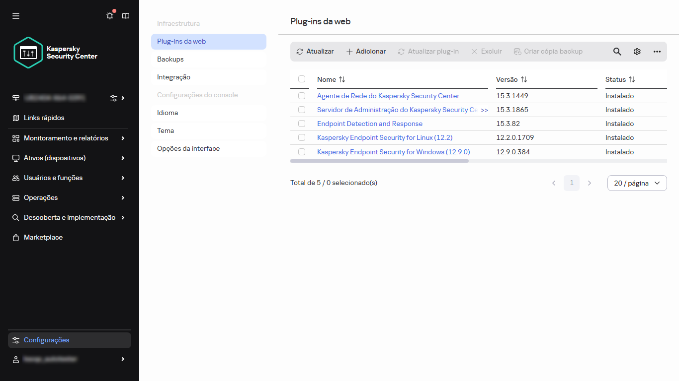 A lista de plug-ins da aplicação web.