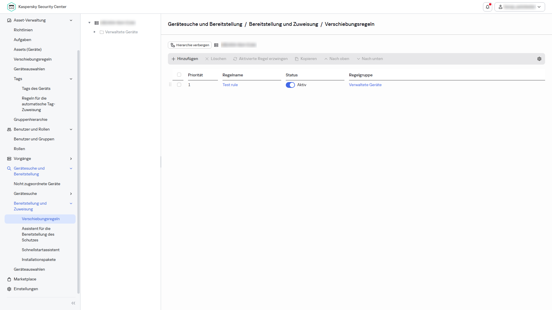 Der Abschnitt zum Verschieben von Regeln im Kaspersky Security Center.