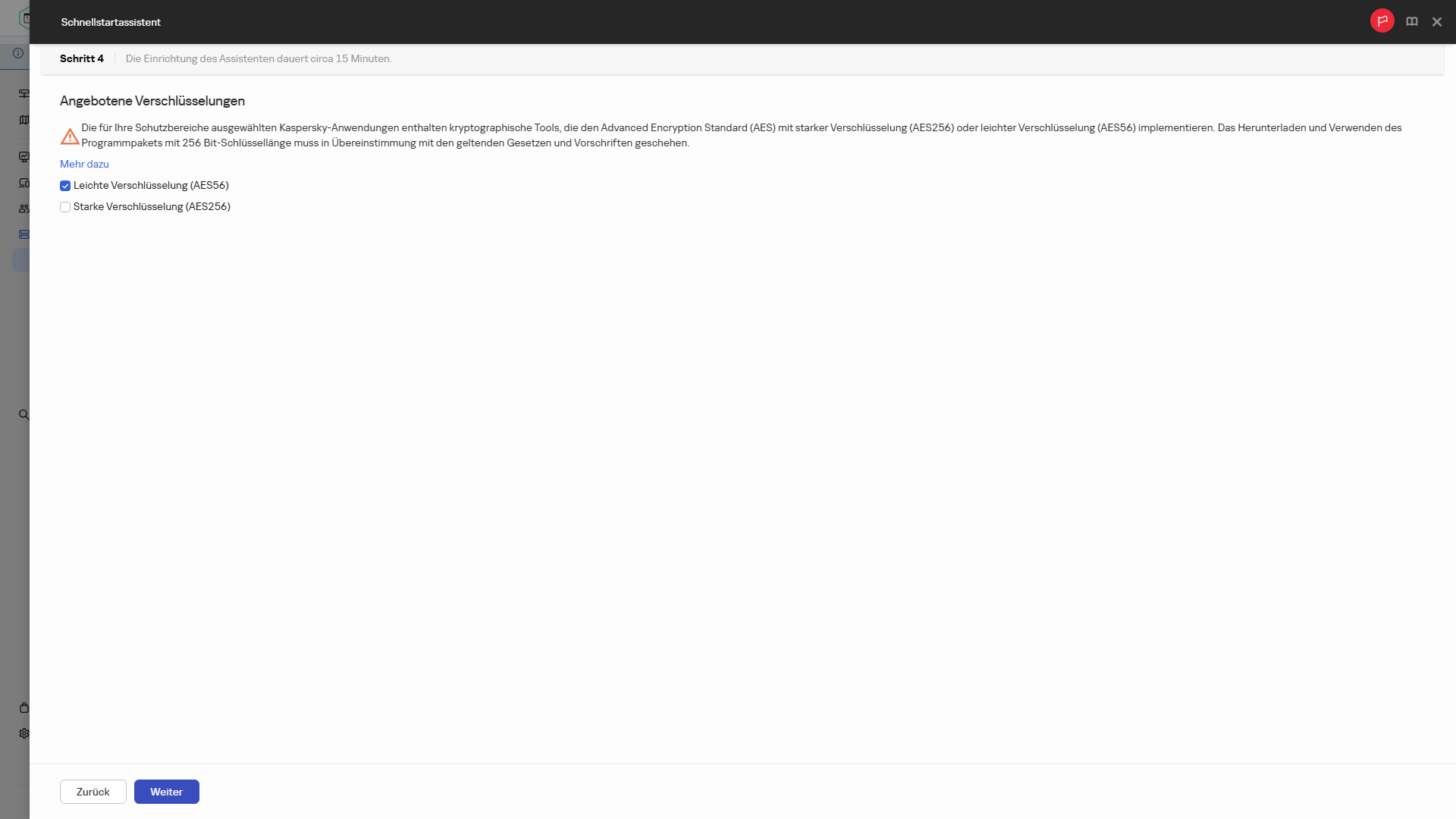 Der Schritt "Verschlüsselung für die Lösungen" des Schnellstartassistenten.