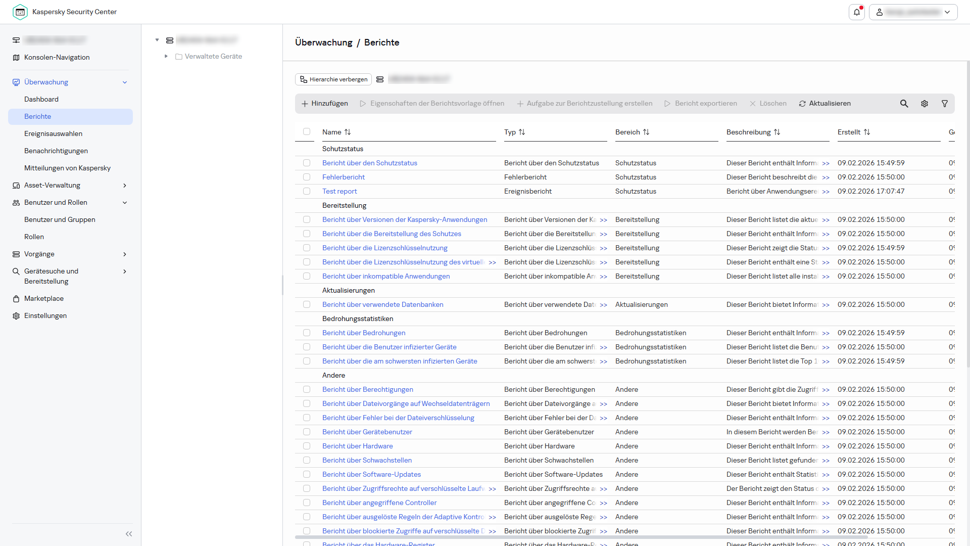 Die Liste der Berichte.