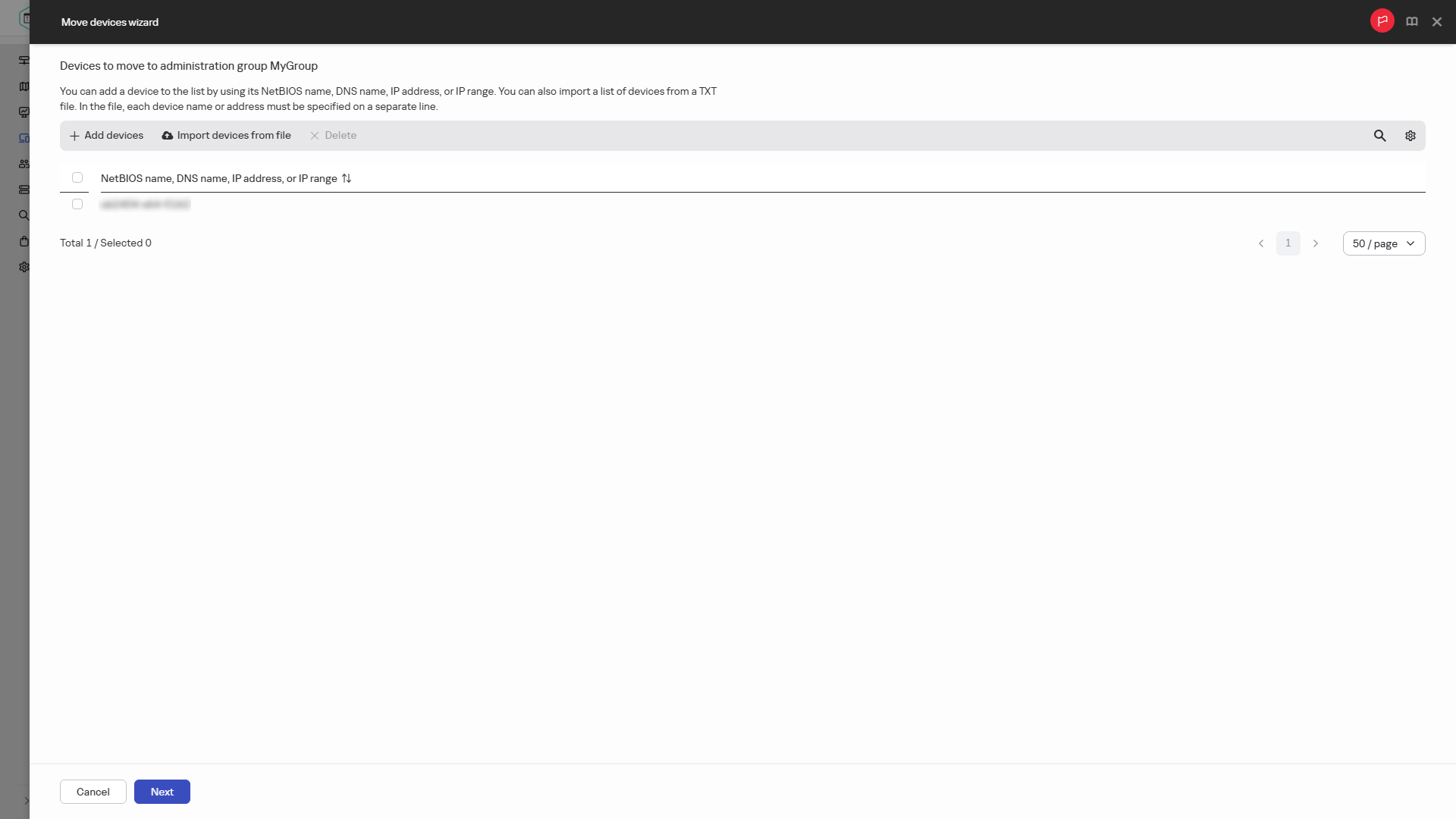 Adding devices to move to an administration group.