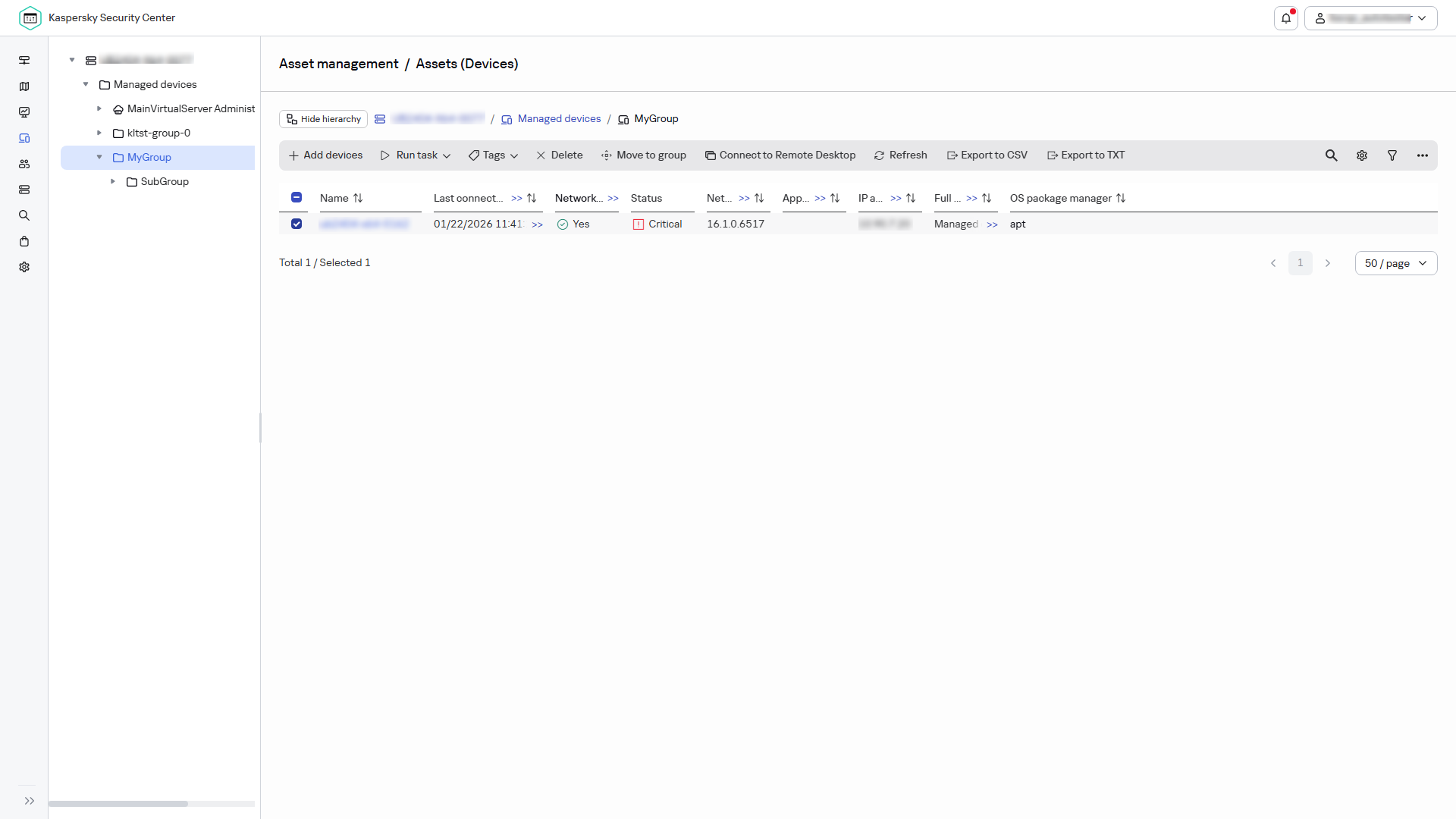 The selected managed device.
