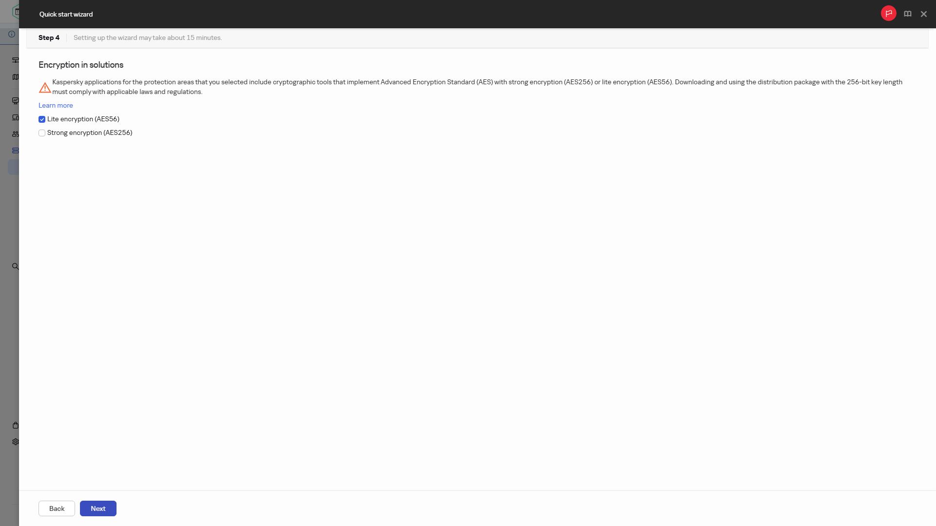 The Encryption in solutions step of Quick start wizard.