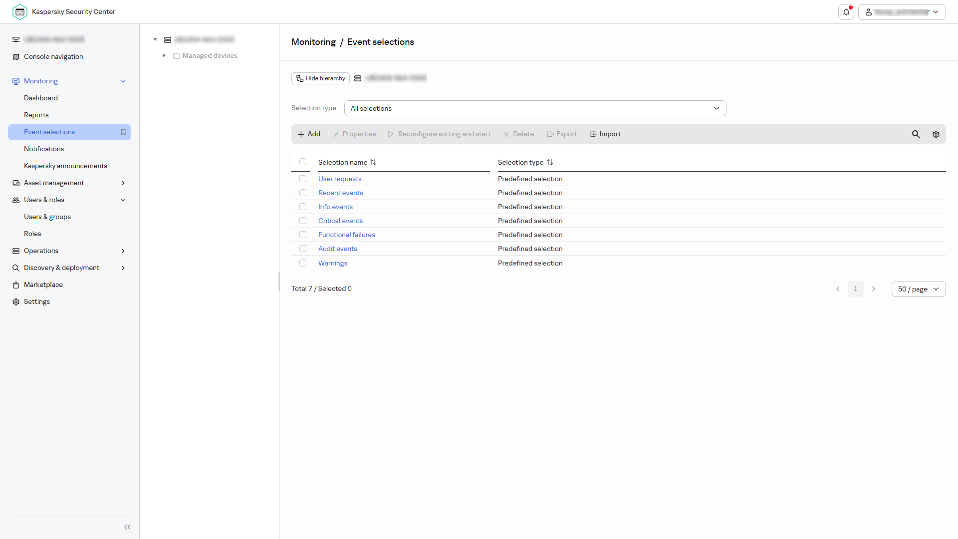 The event selection list.
