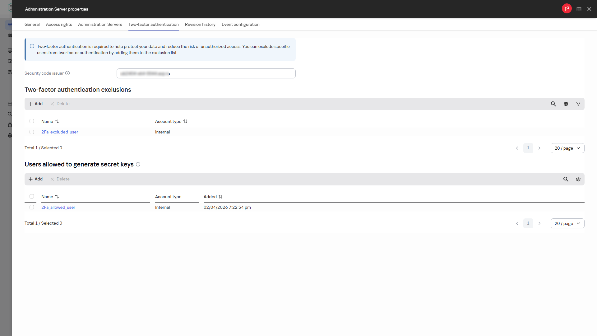 The two-factor authentication exclusions and allowlist.