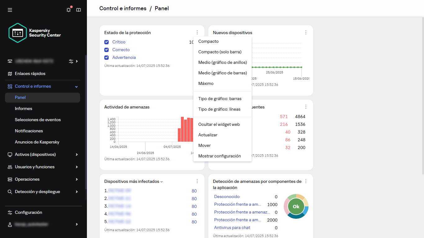 Menú contextual del widget.