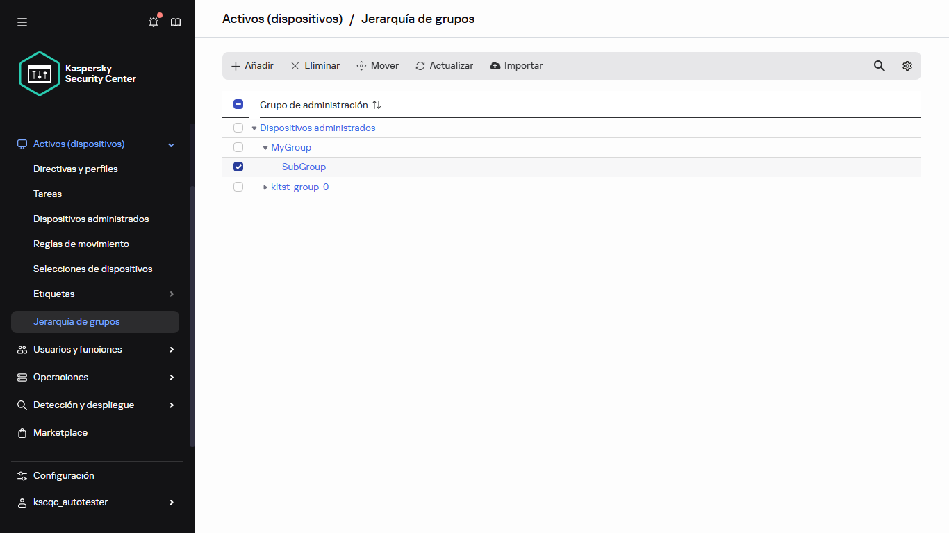 Jerarquía de grupos con subgrupo seleccionado.