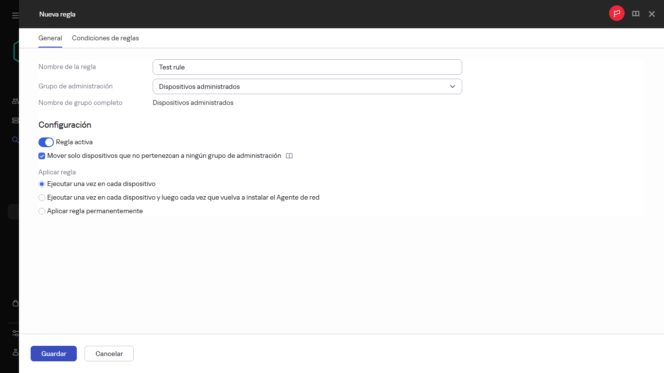 Nueva ventana de creación de reglas.