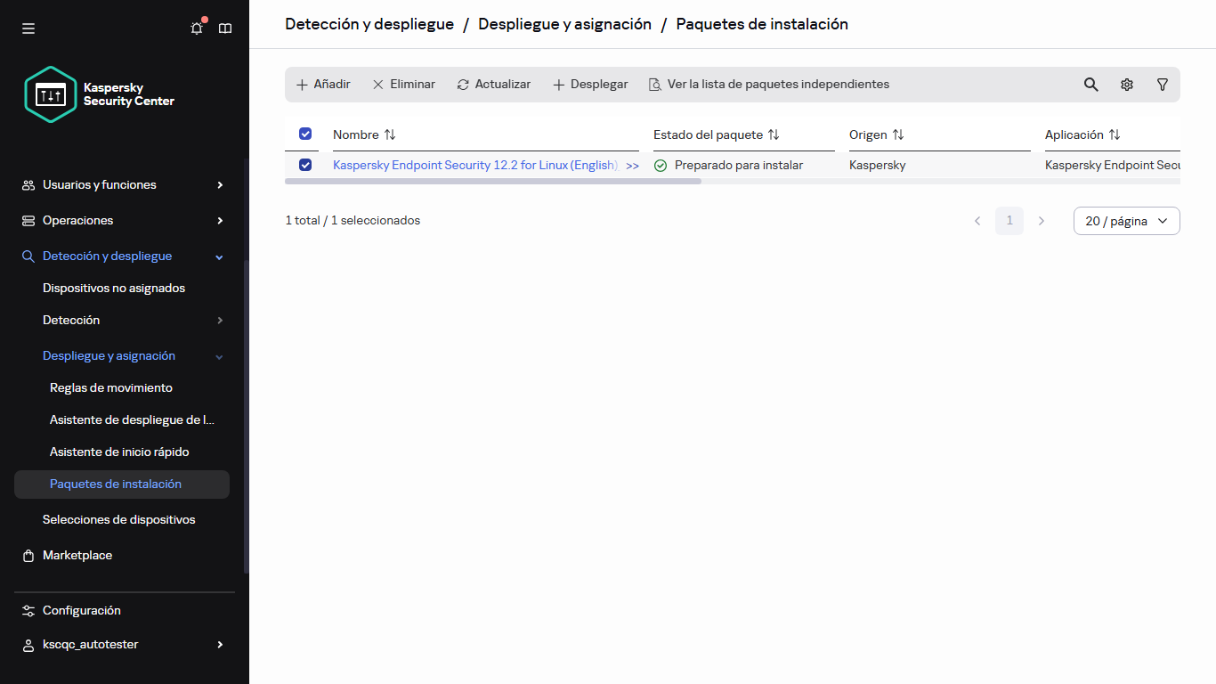 Paquete de instalación seleccionado.