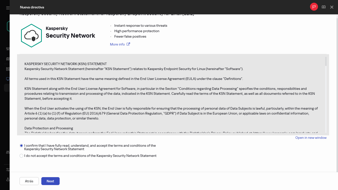 Crear una nueva directiva. Ventana de aceptación de la declaración de KSN.