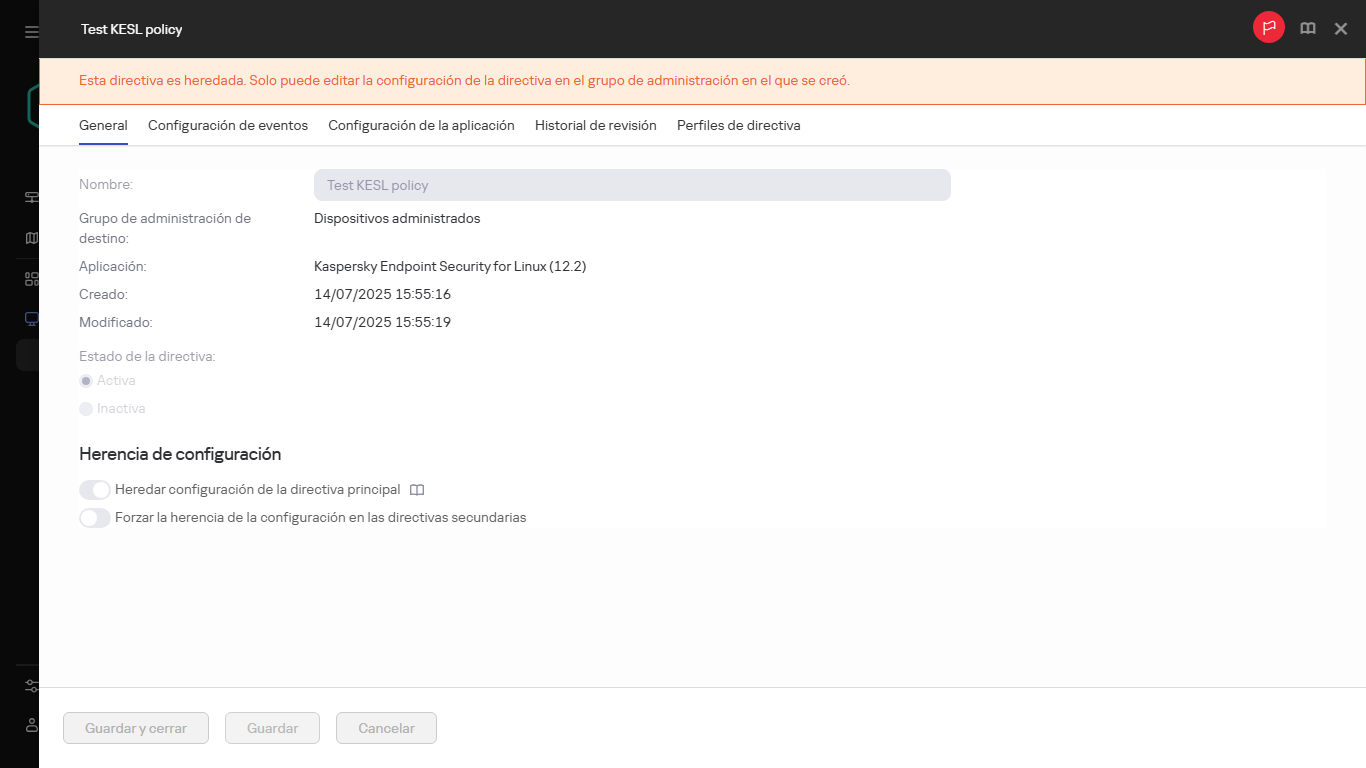Directiva heredada que no se puede editar.