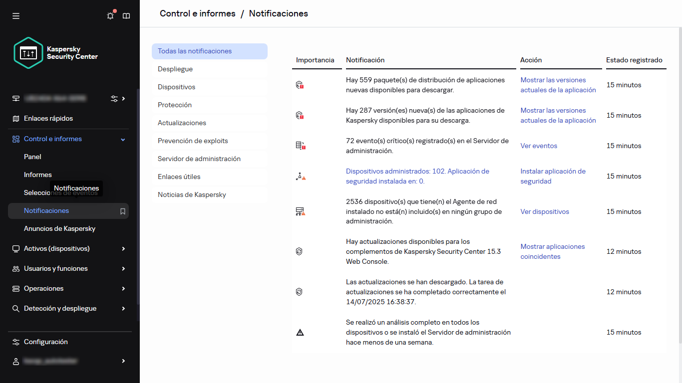 La sección Notificaciones en Control e informes.