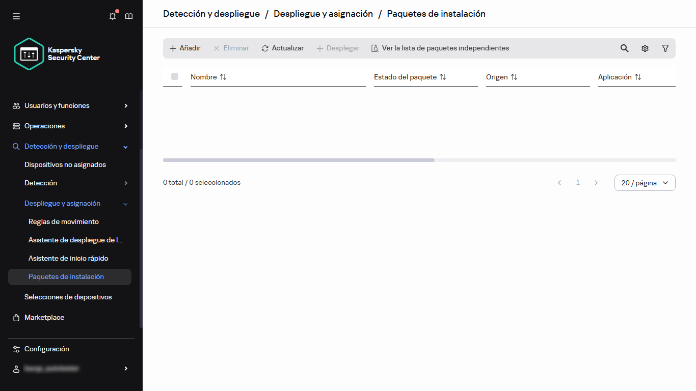 Sección Paquetes de instalación en el menú principal.