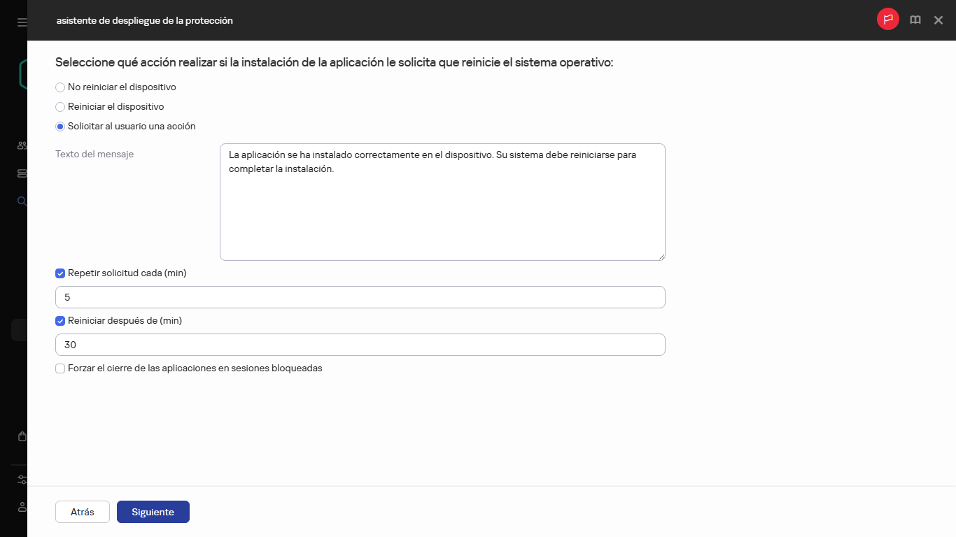 Seleccionar la acción que se realizará si se reinicia el sistema operativo.