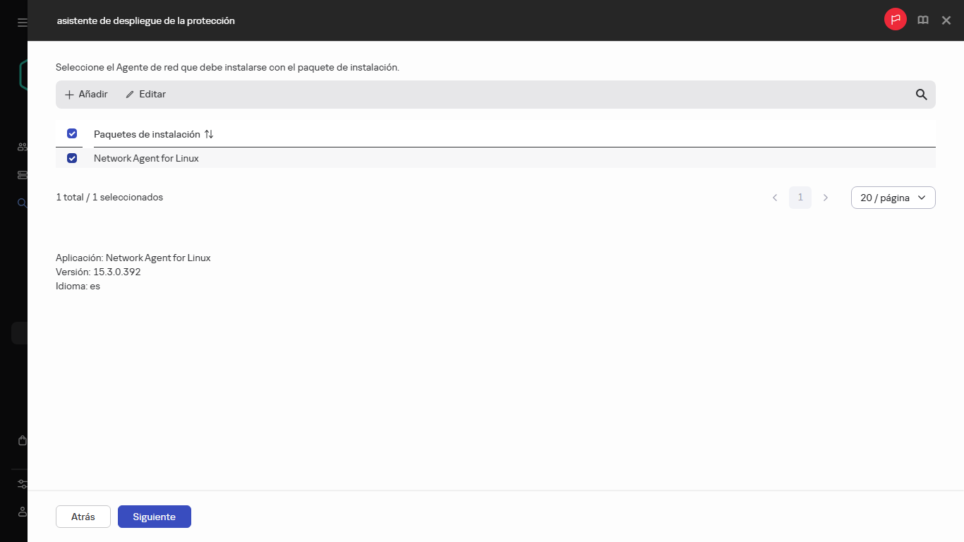 Seleccionar el Agente de red que se instalará con el paquete de instalación.