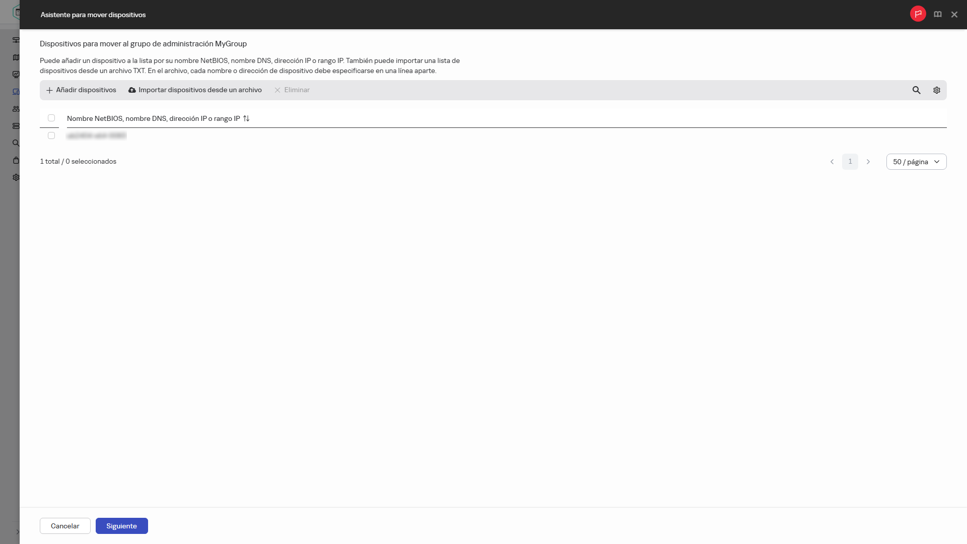 Agregar dispositivos que deben moverse a un grupo de administración.