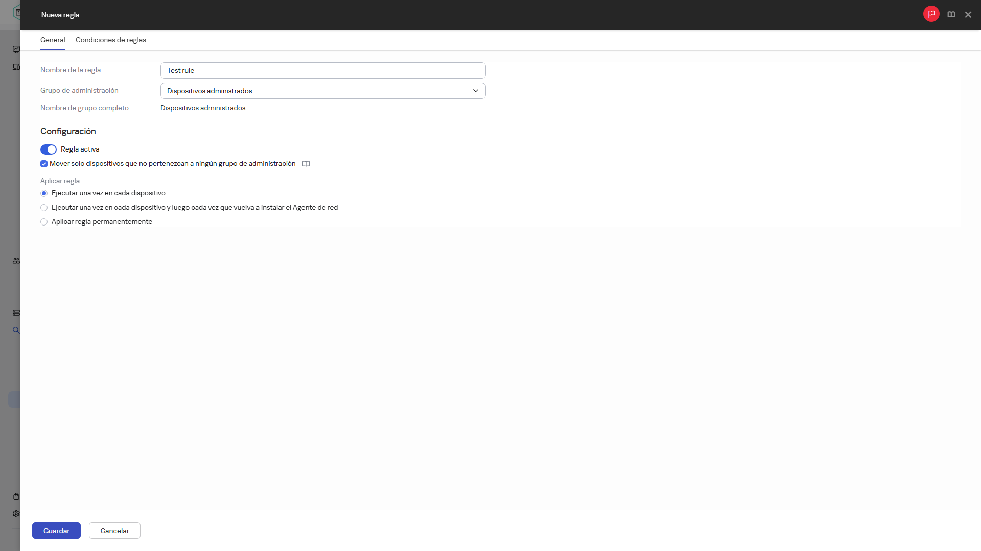Nueva ventana de creación de reglas.