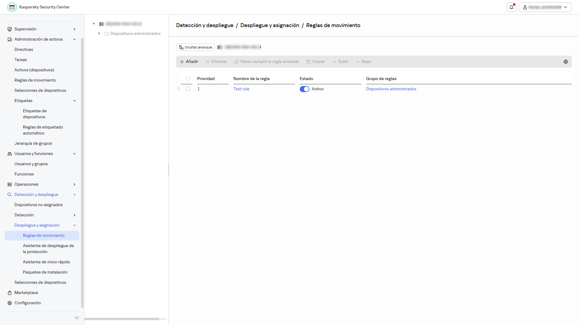 Sección de reglas de movimiento de Kaspersky Security Center.