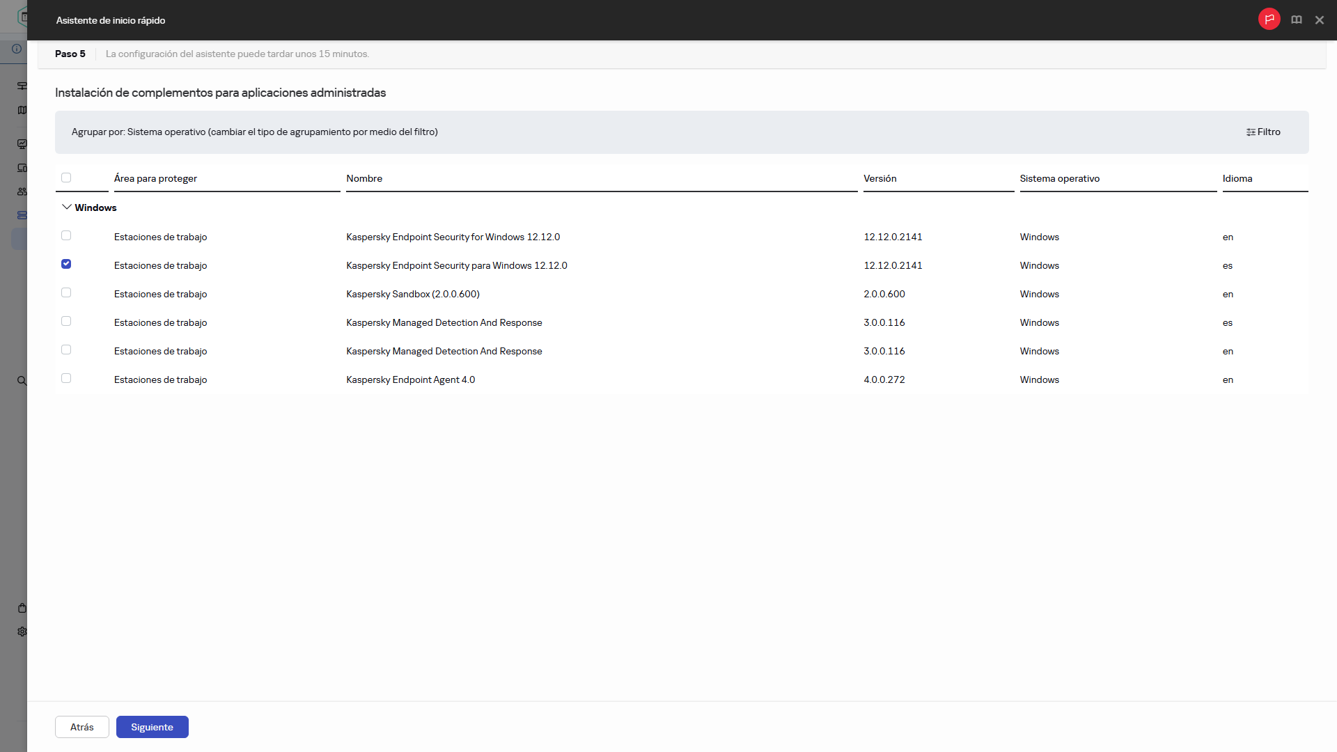 Paso de instalación de complementos del Asistente de inicio rápido.